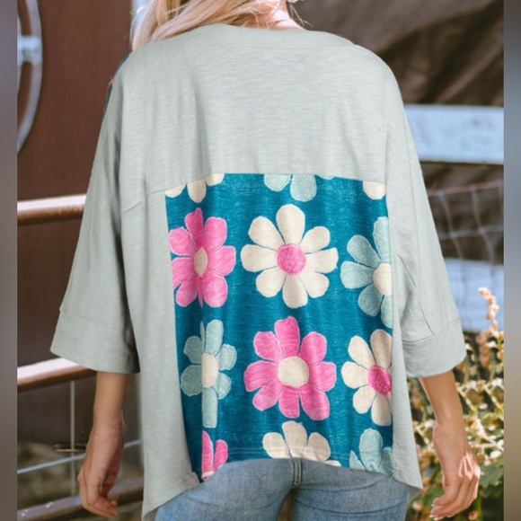 Floral V-Neck Women's Top - Green and Pink - Picture 6 of 15